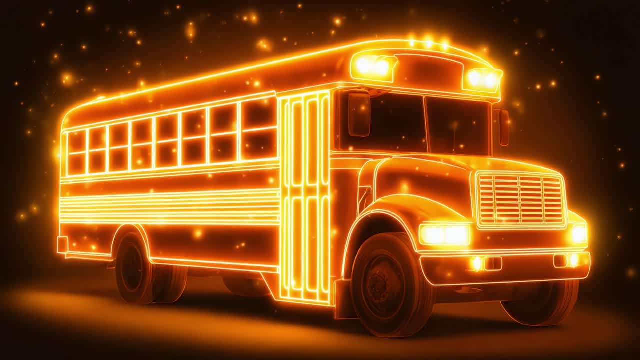 A Vibrantly Glowing School Bus Illuminated with Sparkling Light Effects, Showcasing a Captivating Blend of Realism and Artistic Flair in This Mesmerizing Visual