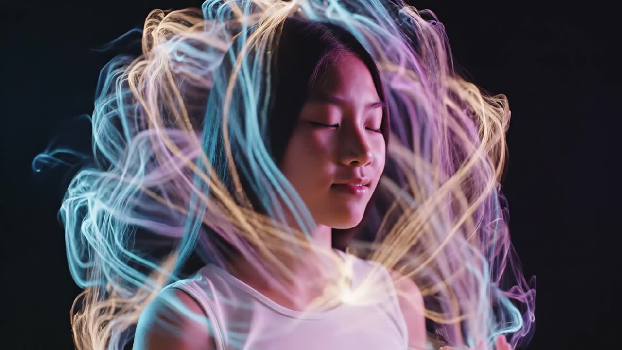 Meditative Asian Woman Surrounded by Energy and Light