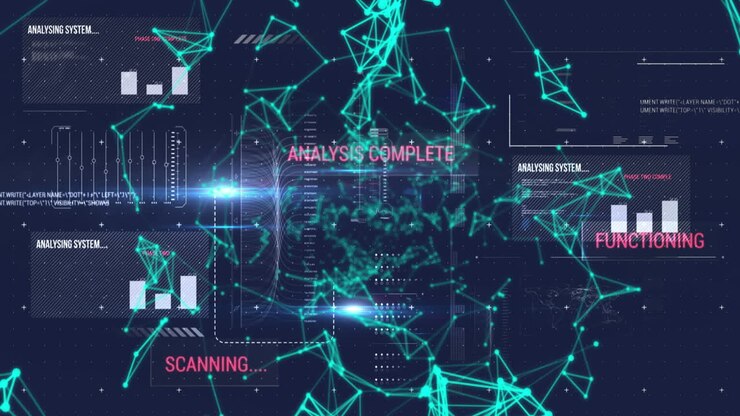 Animation of network of connections over interface with data processing against blue background