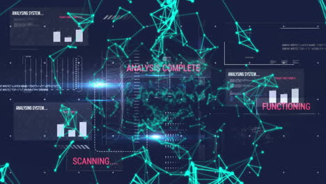 animation of network of connections over interface with data processing against blue background