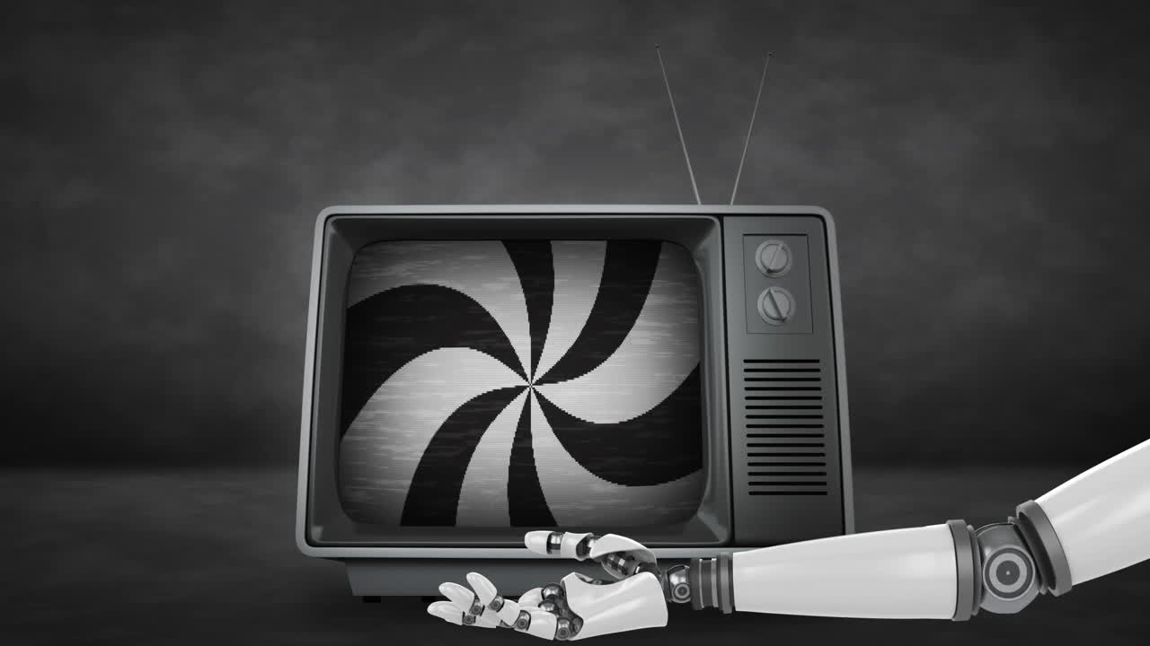 animación de rayas blancas y negras sobre la tv retro y el brazo del robot