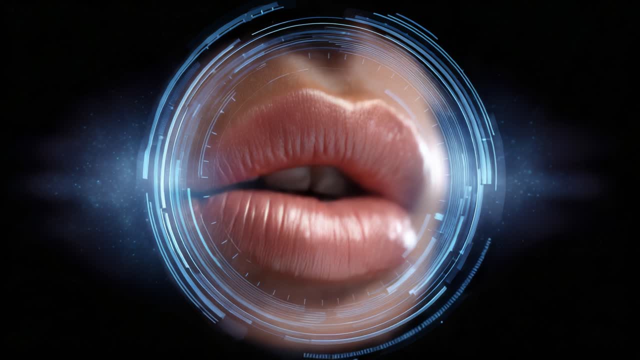 Primo piano di labbra lucide all'interno di un'interfaccia circolare futuristica, circondate da elementi digitali su uno sfondo scuro, che evidenzia bellezza e tecnologia.