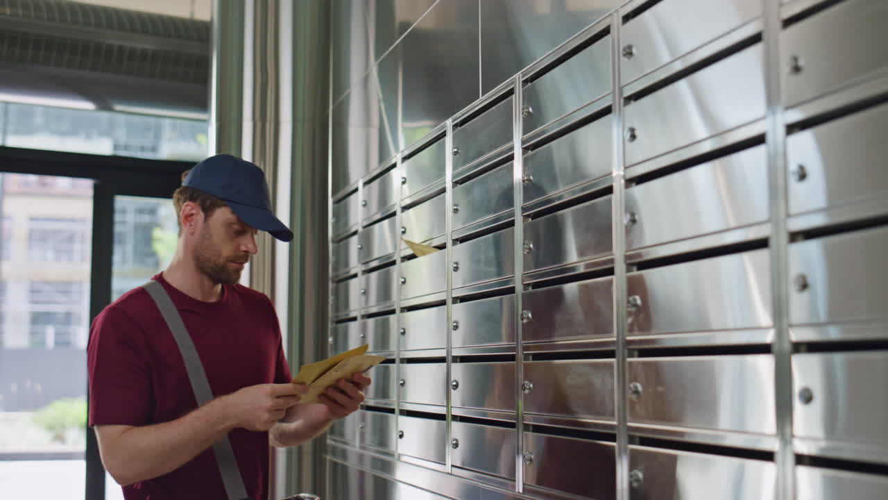 el cartero poniendo la correspondencia postal en los casilleros. contenedores de correo plateados de primer plano