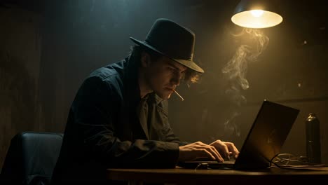 in the shadowy corners of a dimly lit room, a mysterious figure hunches over a laptop, typing furiously while puffing on a cigarette