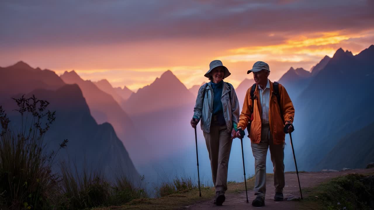 A Serene Evening Hike: Two Adventurous Explorers Strolling Along A Mountain Path During A Beautiful Sunset, Surrounded By Breathtaking Peaks And Vibrant Colors In The Sky