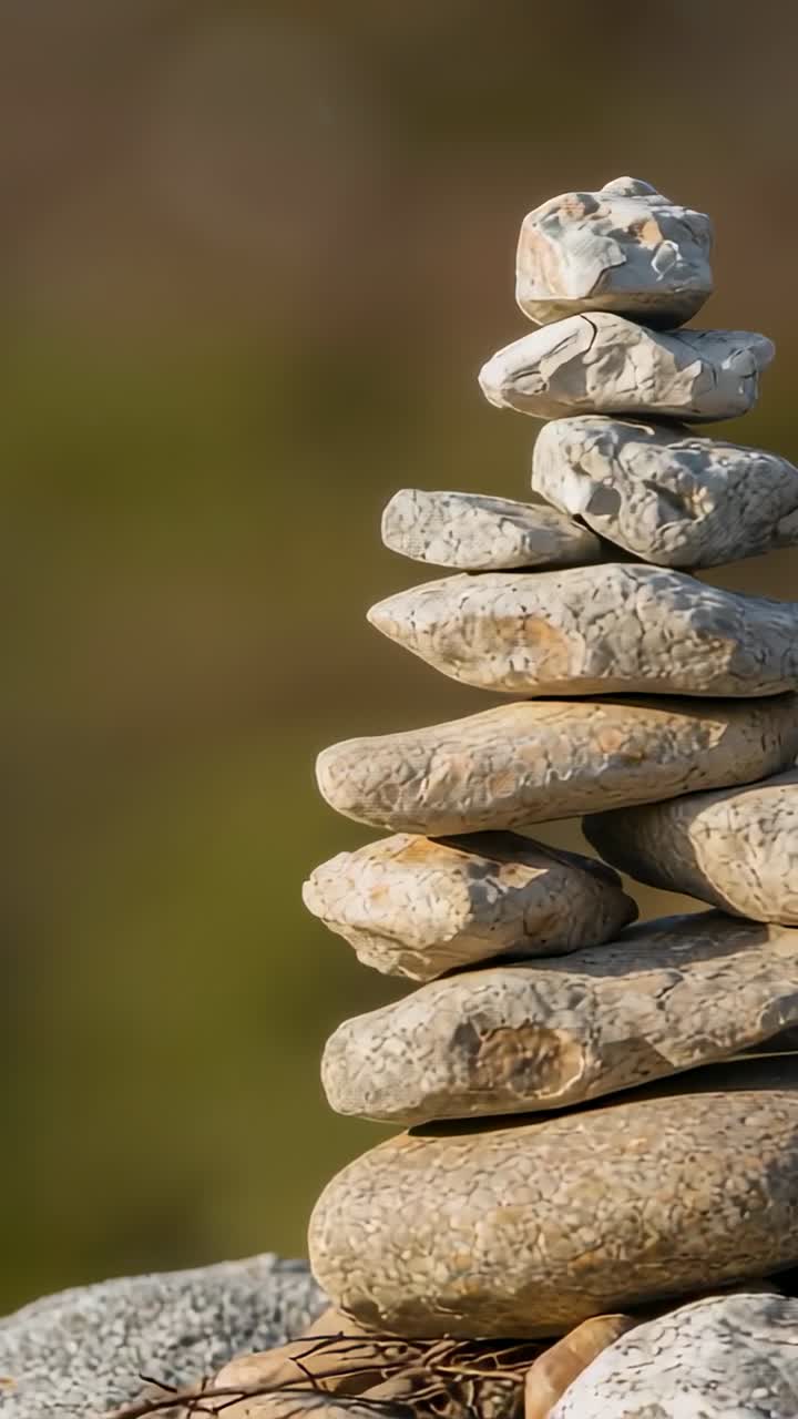Vertical video: Zooming camera highlighting right stone stack on rock with pine needles, copy space