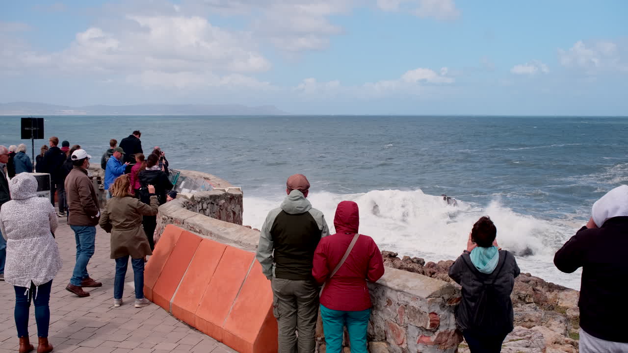 Spectacular Ocean Waves Crashing on Rocky Coast with Tourists Watching