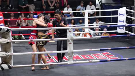 intense muay thai fight in a crowded arena