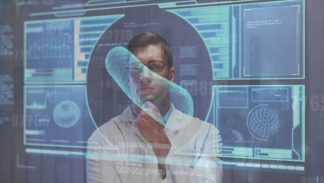 animación del procesamiento de datos científicos sobre el médico caucásico masculino