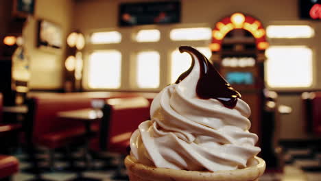 Soft Serve Ice Cream with Chocolate Syrup in a Retro Diner Setting