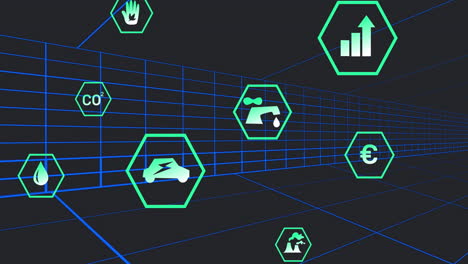 animación de múltiples iconos digitales flotando sobre el túnel en un patrón sin costuras sobre fondo negro