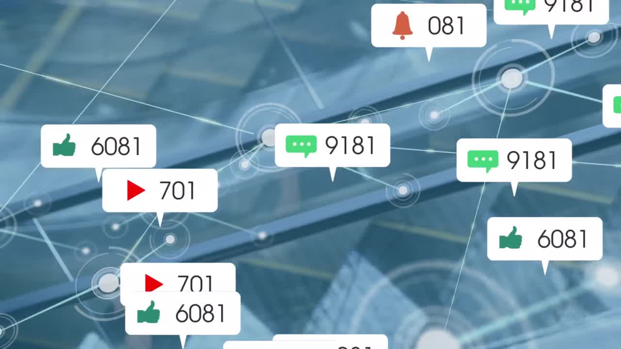 소셜 미디어 아이콘의 애니메이션과 에스컬레이터를 사용하는 다양한 사업가에 대한 연결 네트워크