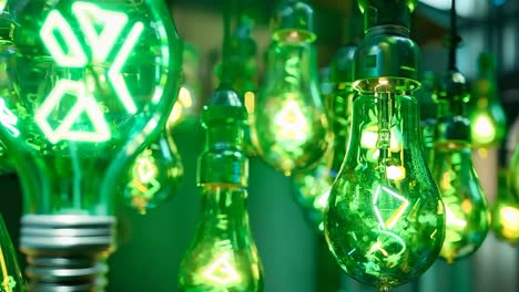 a bunch of green light bulbs hanging from a ceiling