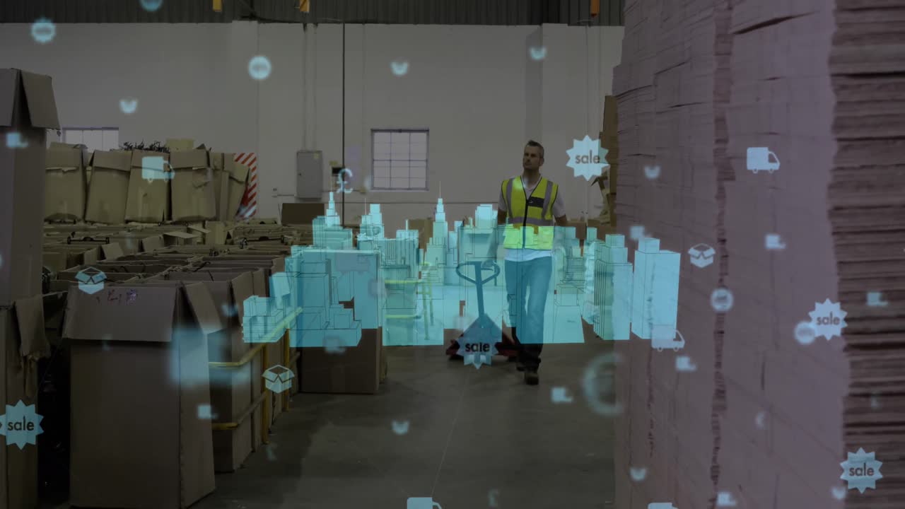 animación de modelo de ciudad 3d e iconos sobre trabajador de almacén caucásico