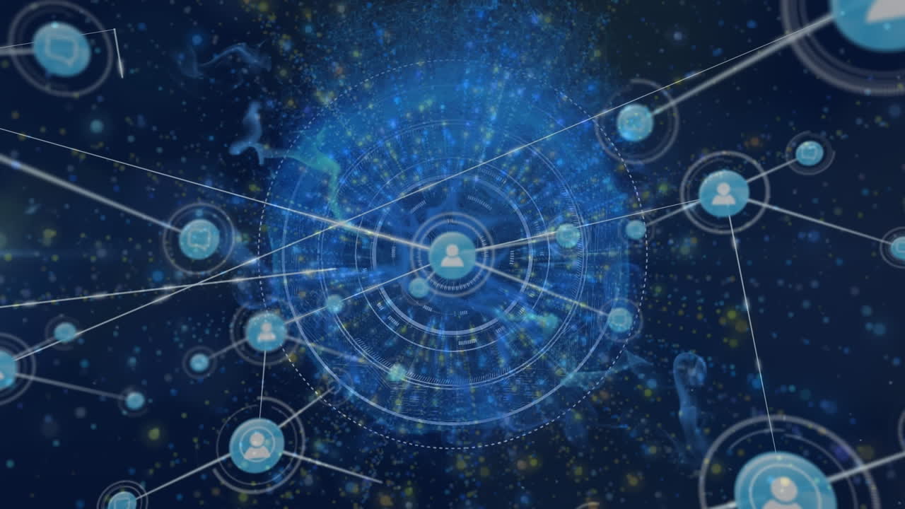 Animation of network of digital icons and blue digital wave over round scanner on blue background