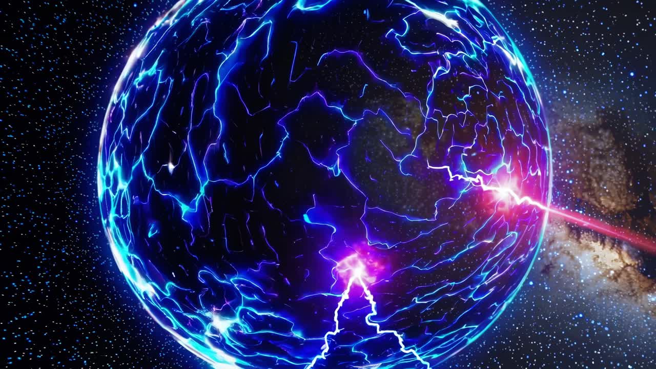 esfera de energía cósmica brillando con intensa luz azul y púrpura. irradiando fuerza electromagnética contra un fondo oscuro de estrellas