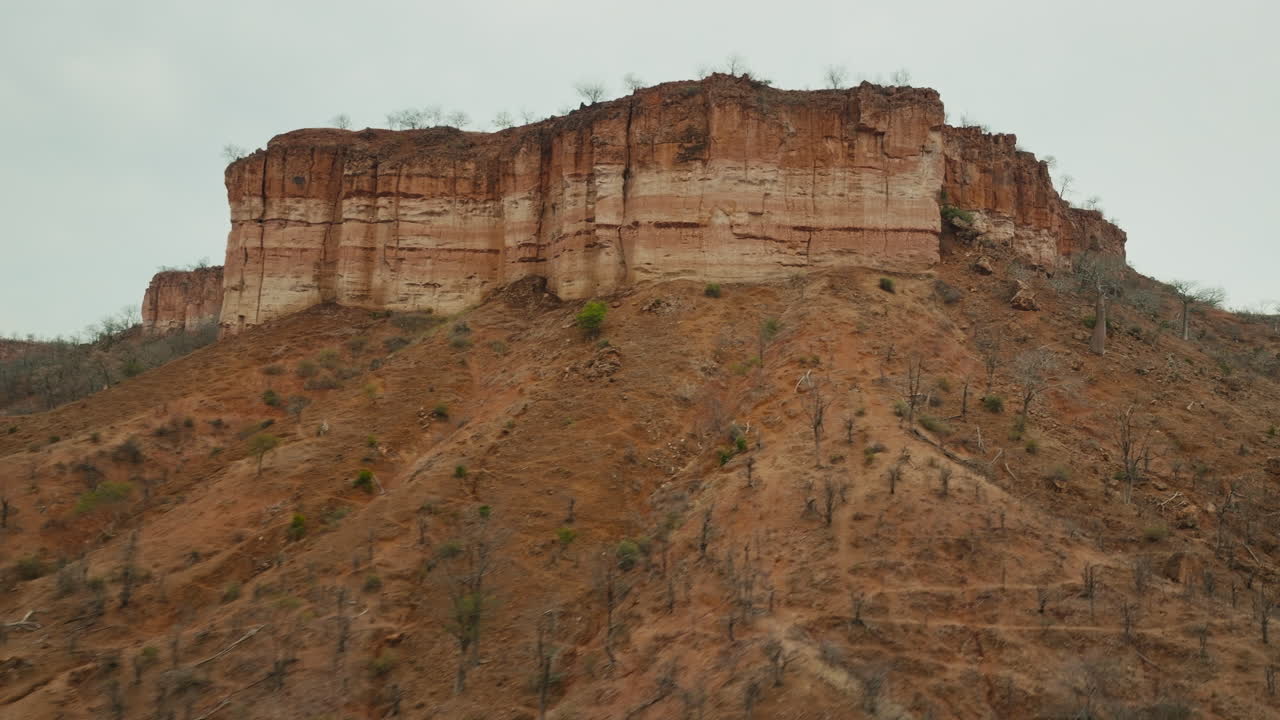Aerial drone footage of the iconic Chilojo Cliffs in Gonarezhou National Park, Zimbabwe. Dramatic sandstone escarpment rising above the savanna part 3