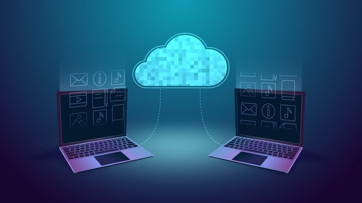 Cloud storage technology. loop animation of cloud online storage and icons. laptop or pc connection. Internet data transmission digital service application. Network computing technologies, hosting
