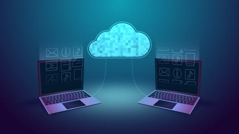 cloud storage technology. loop animation of cloud online storage and icons. laptop or pc connection. internet data transmission digital service application. network computing technologies, hosting