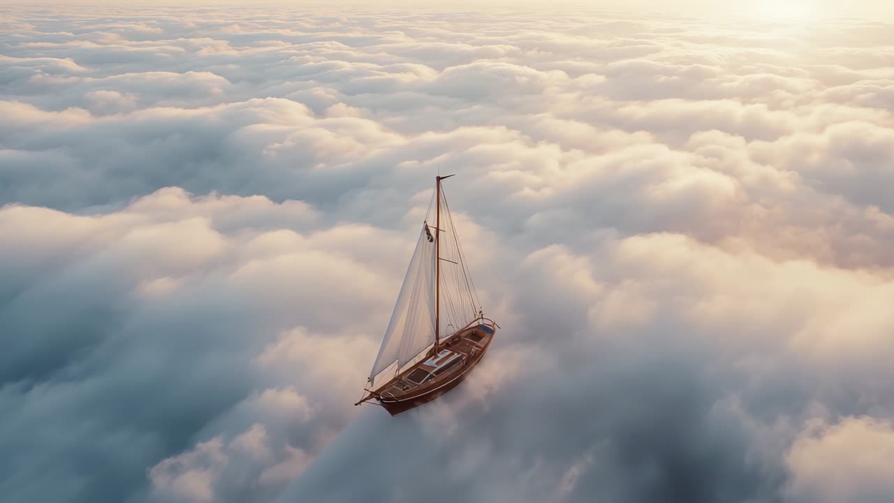 Guiding wooden sailboat above clouds as golden hour sunlight breaking through sky, copy space