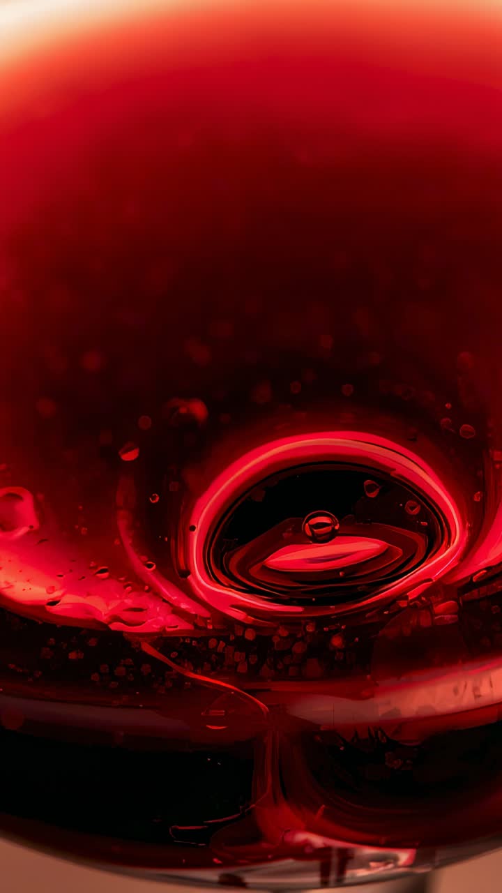 Vertical video: Reacting to light shift central ring rippling, glowing inside glass, red wine beads