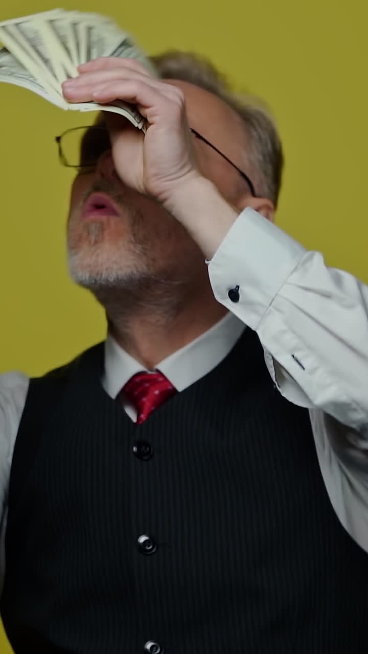 Senior man with money in his hands. Happy rich man is waving dollar banknotes on yellow studio background. Middle aged man enjoys big amount of money. Vertical video