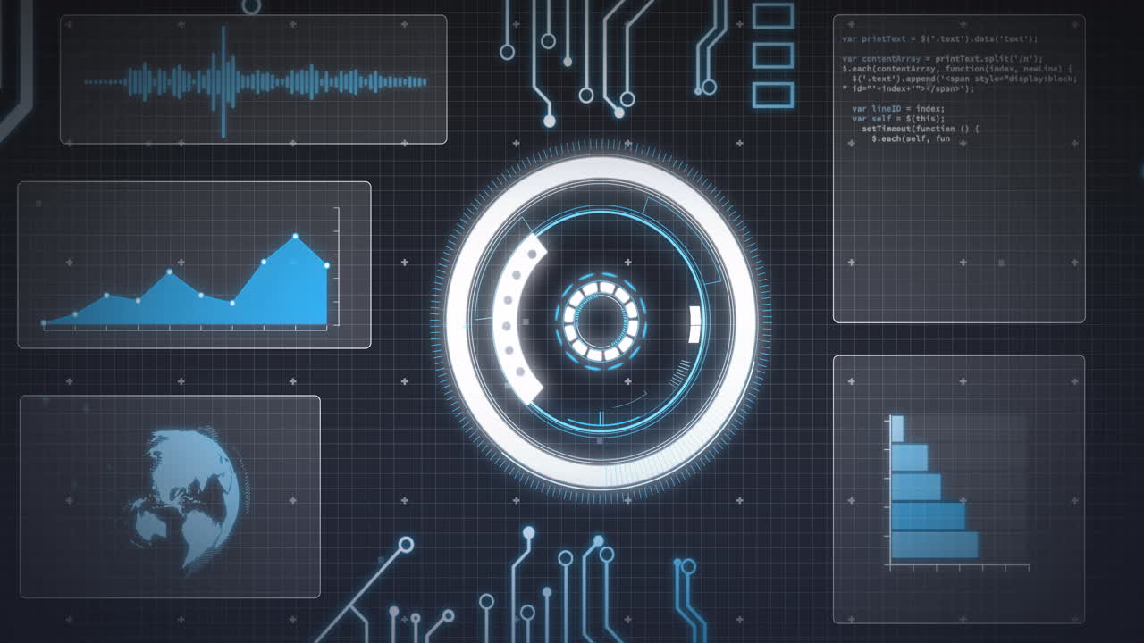 Animation of statistics recording and scope scanning on screens over grid