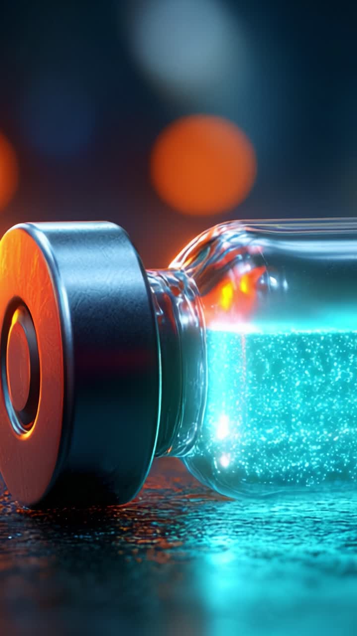 A Close-Up of a Glass Vial Filled with Sparkling Liquid, Capturing the Essence of Innovation and Science in an Abstract Setting with Beautiful Bokeh Lights