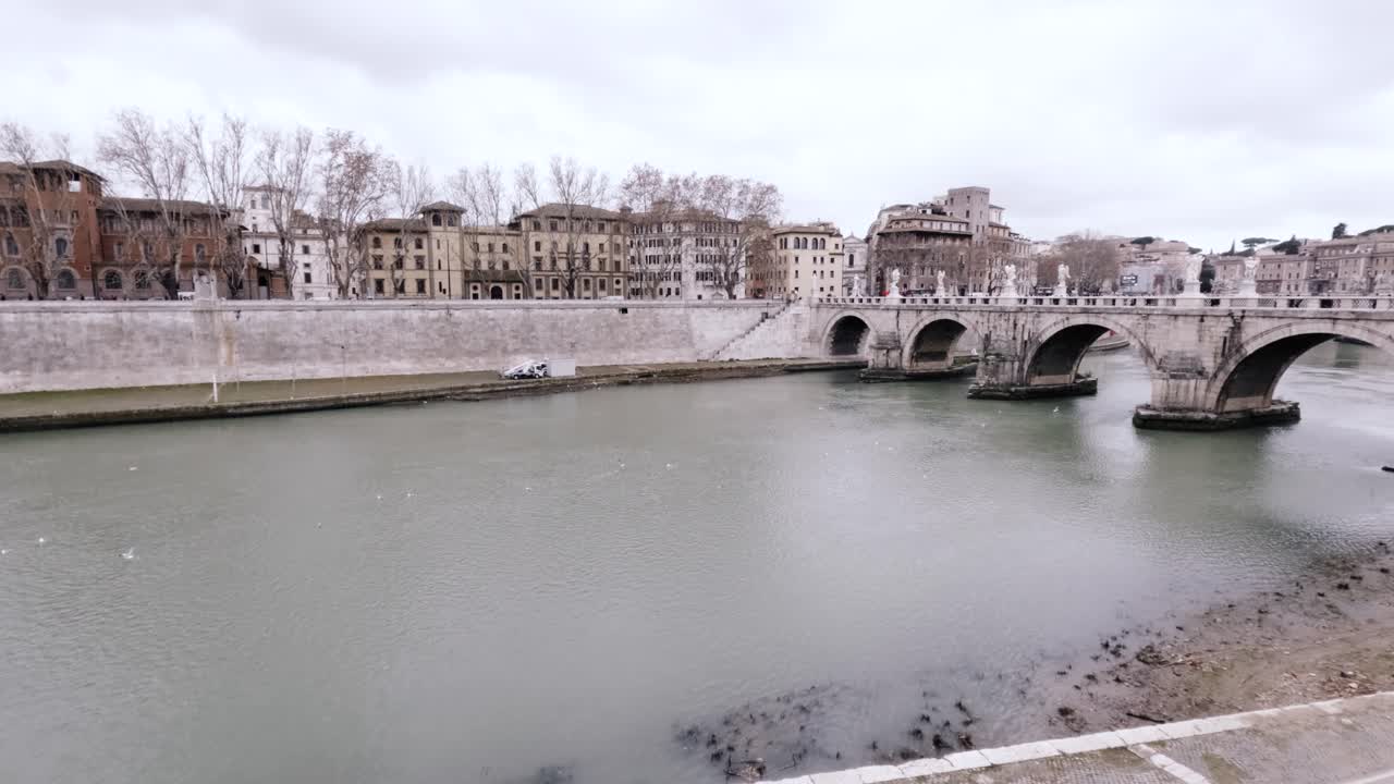 Famous Roman St. Angelo Bridge In Rome Italy. Wide Shot