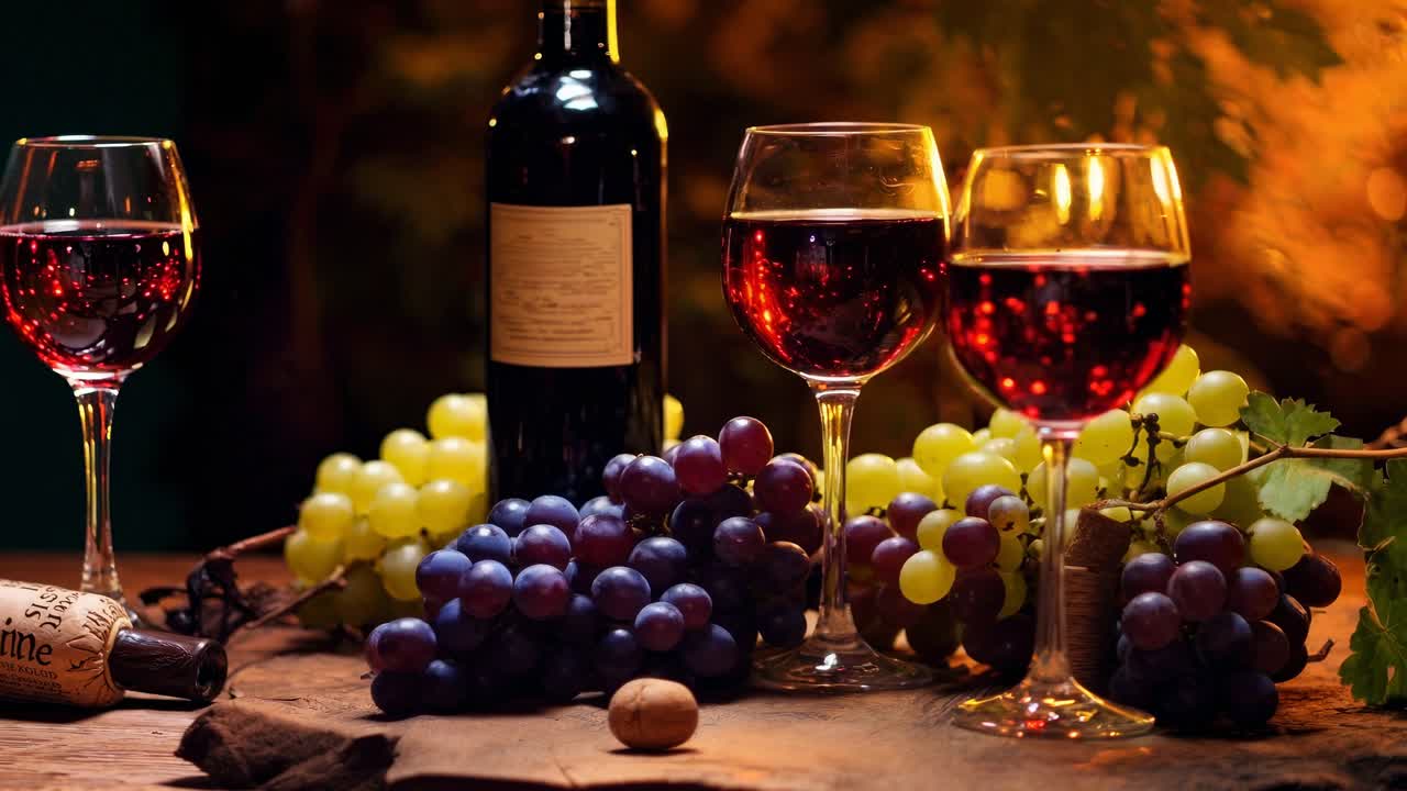 A cozy, rustic video scene of wine glasses and grapes on a wooden table, captured from a low angle