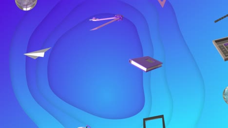 animation of education and school icons over blue waving background