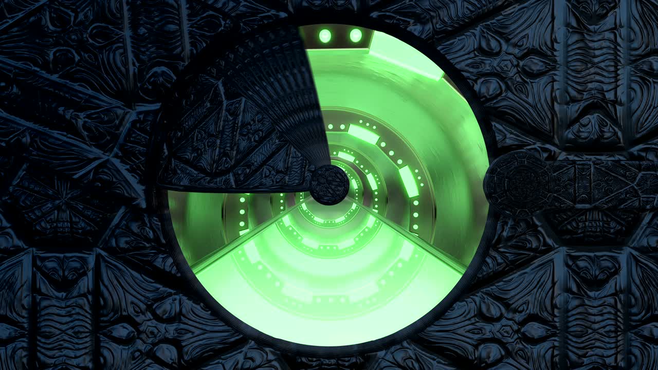 la puerta de entrada de piedra abre una vista panorámica a la escena del paisaje de la nave espacial. fondo abstracto 3d de un corredor de ciencia ficción con luces de neón. tecnología futurista vj para títulos y fondo tecnológicos.