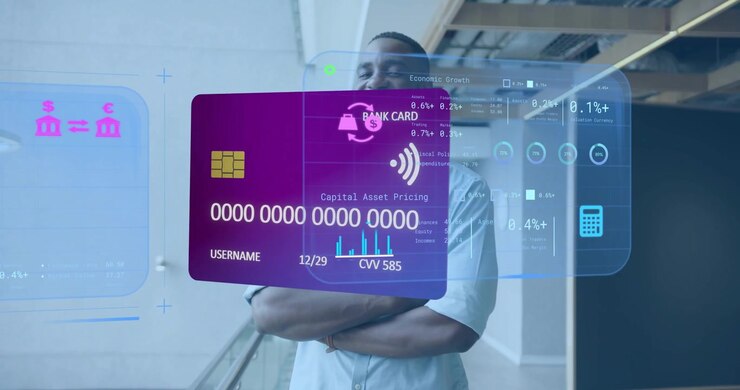Man leaning railing watching hologram card appearing shifting into finance icons for asset analysis