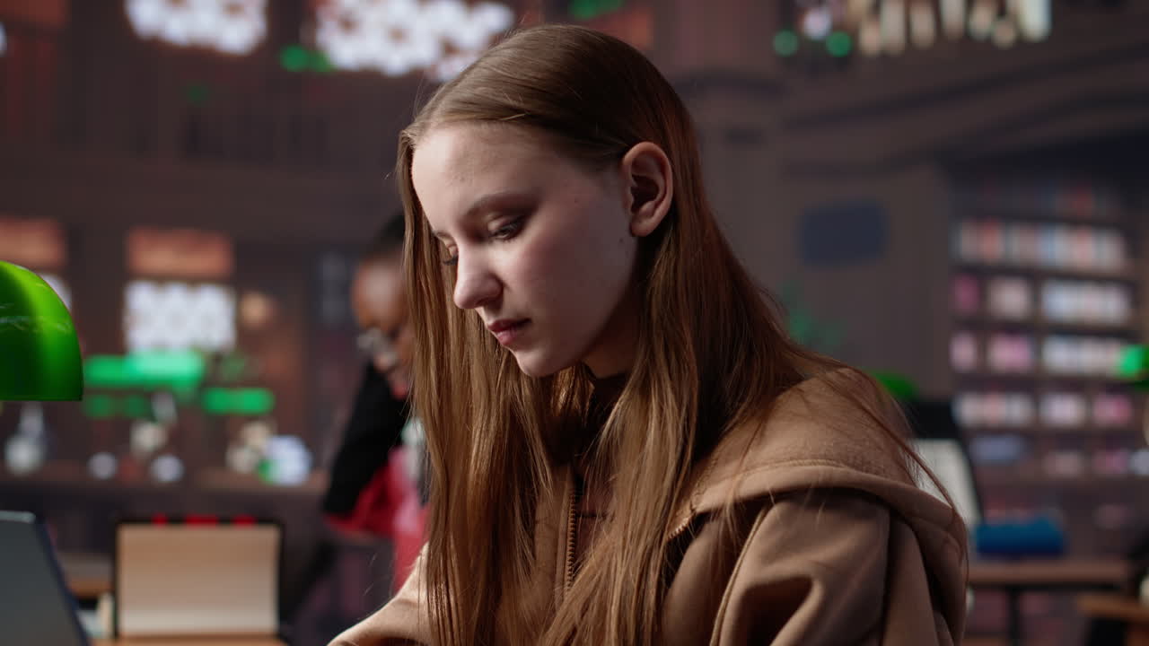Vertical video focused student girl collecting notes for academic lessons at university library
