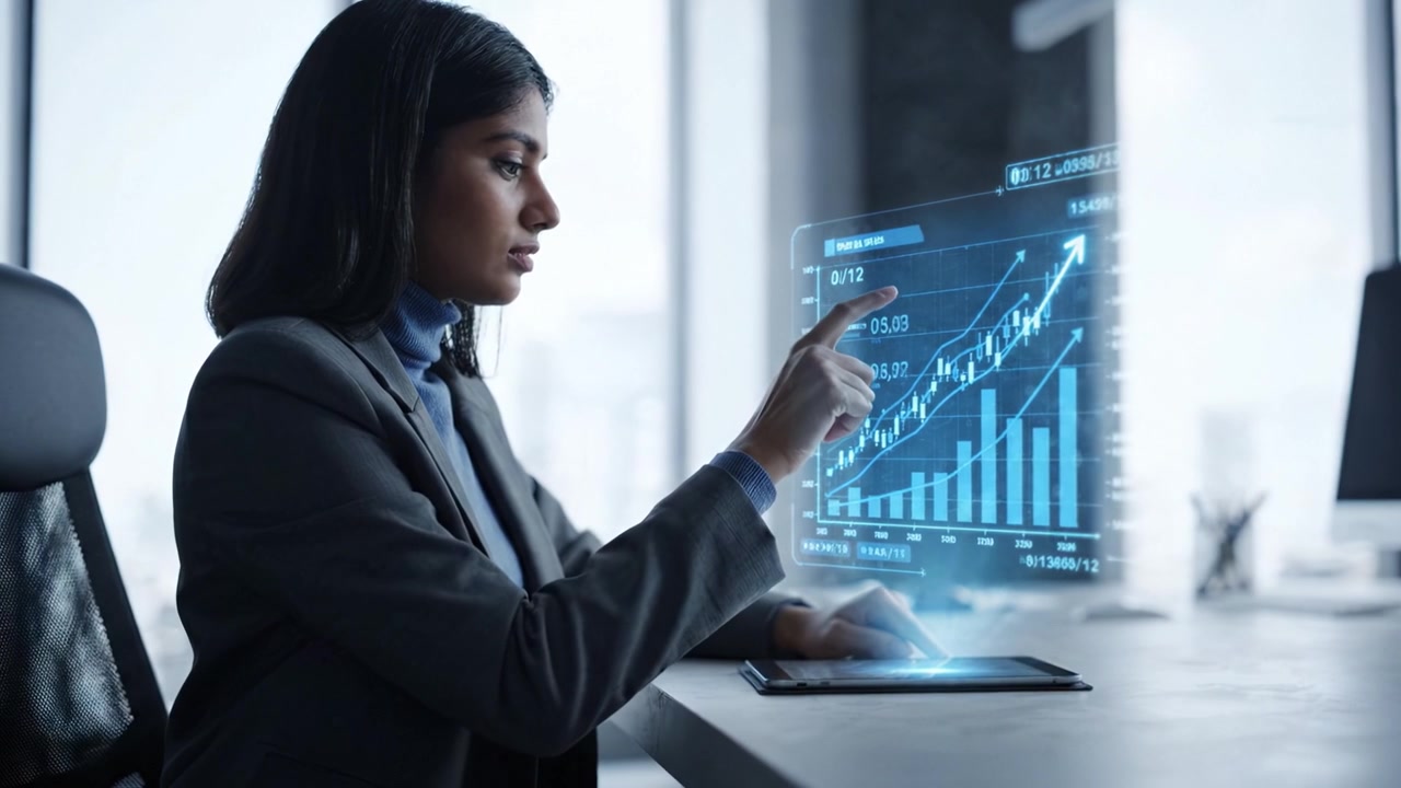 Focused Businesswoman Analyzing Financial Data on a Tablet with Virtual Graphs Displayed in a Modern Office Setting, Showcasing Professionalism and Technology