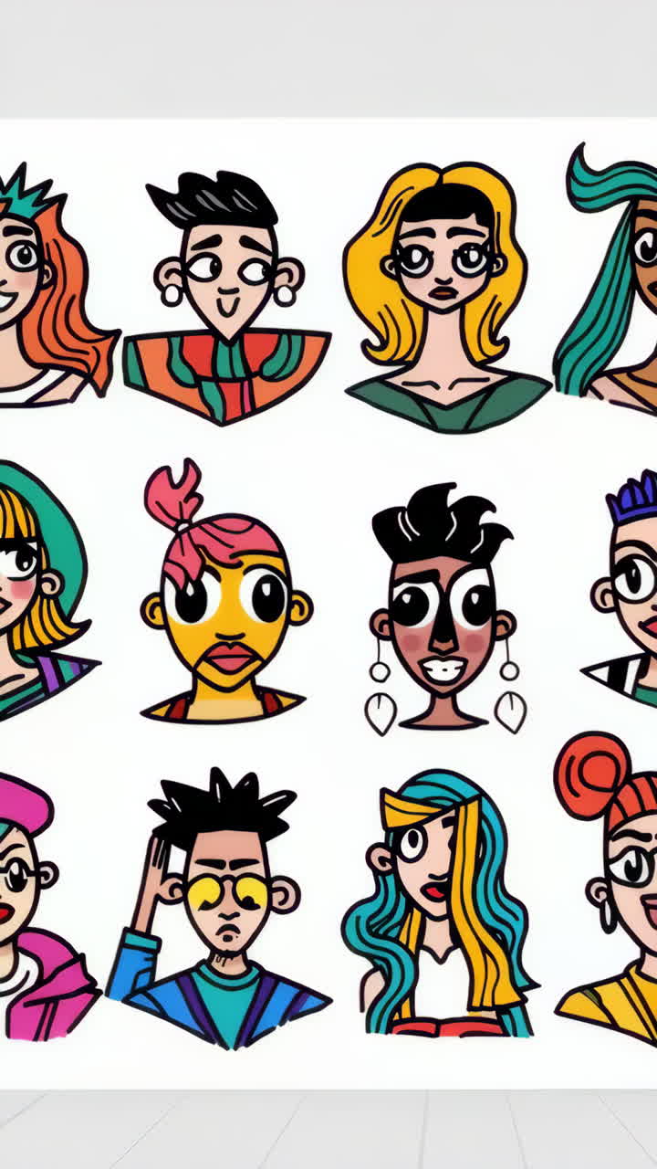 Collection of Diverse Cartoon Faces and Stylized Portraits