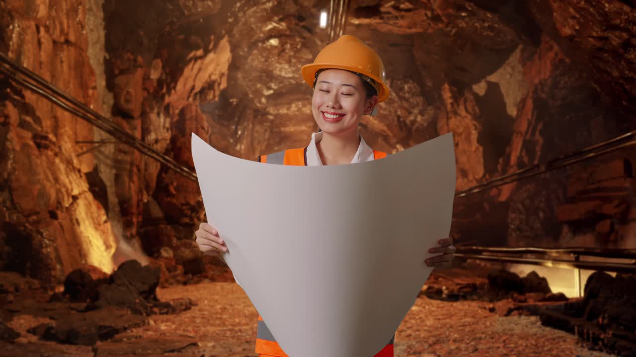 Asian Female Engineer With Safety Helmet Looking At Blueprint In Her Hands In Underground Mine Tunnel