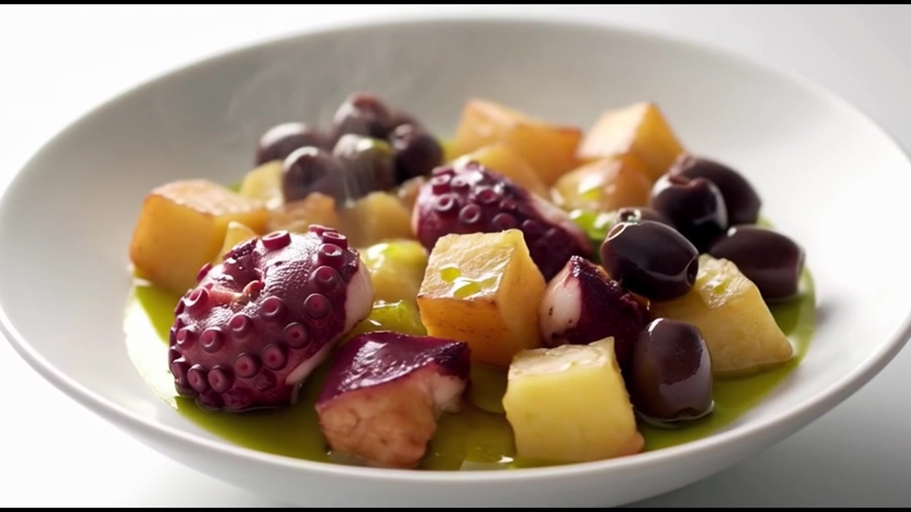 Insalata di polpo fumante con patate arrosto e olive