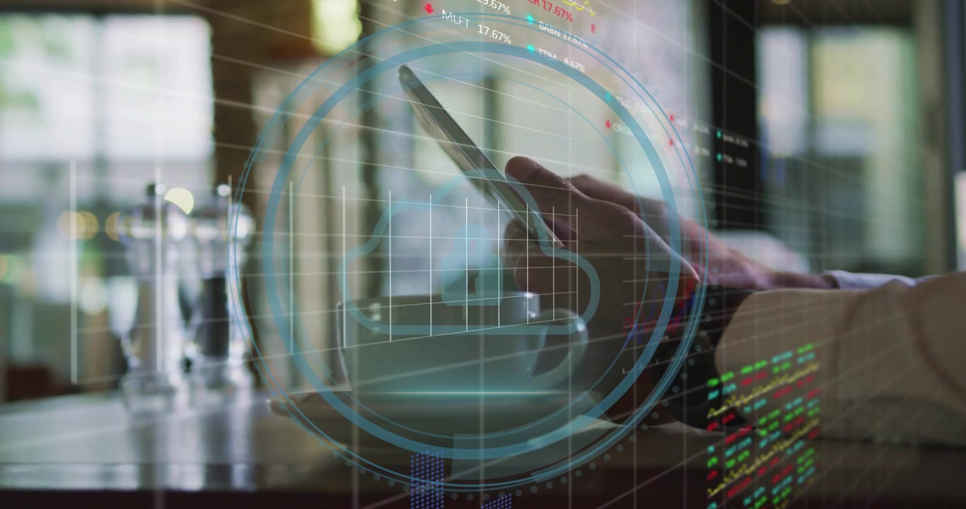 Man tapping phone over cup, opening cyber security HUD expanding rings, charts, code monitoring