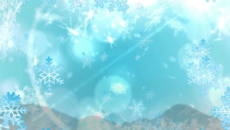animation of snow falling over winter scenery in blue background