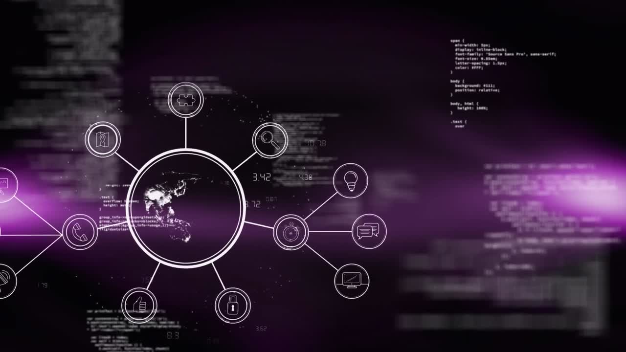 animation von datenverarbeitungs- und medien-icons mit globus auf schwarzem hintergrund