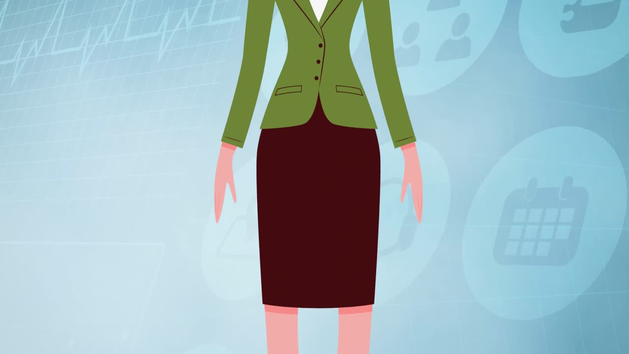 파란색 배경의 디지털 아이콘 위에 얼굴 마스크 아이콘을 착용한 여성의 애니메이션