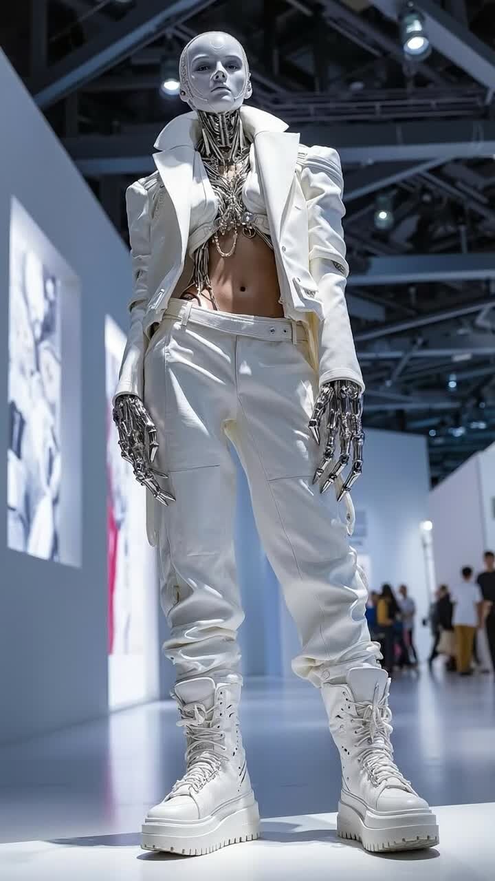 Cyborg maschio futuristico in streetwear bianco all'Expo