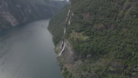 vista aérea delantera de la famosa cascada de siete hermanas en el fiordo de geiranger, noruega