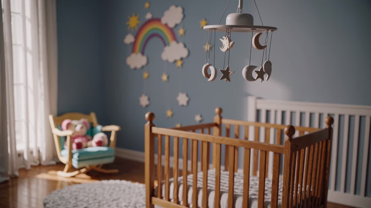Stanza dei bambini accogliente e invitante con culla in legno, decorazioni arcobaleno alle pareti e giostrina