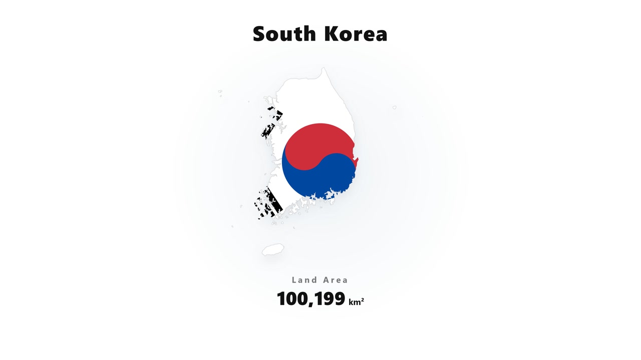 Grafica digitale che mostra la bandiera nazionale della Corea del Sud insieme alla statistica della superficie territoriale totale del paese in un layout informativo pulito