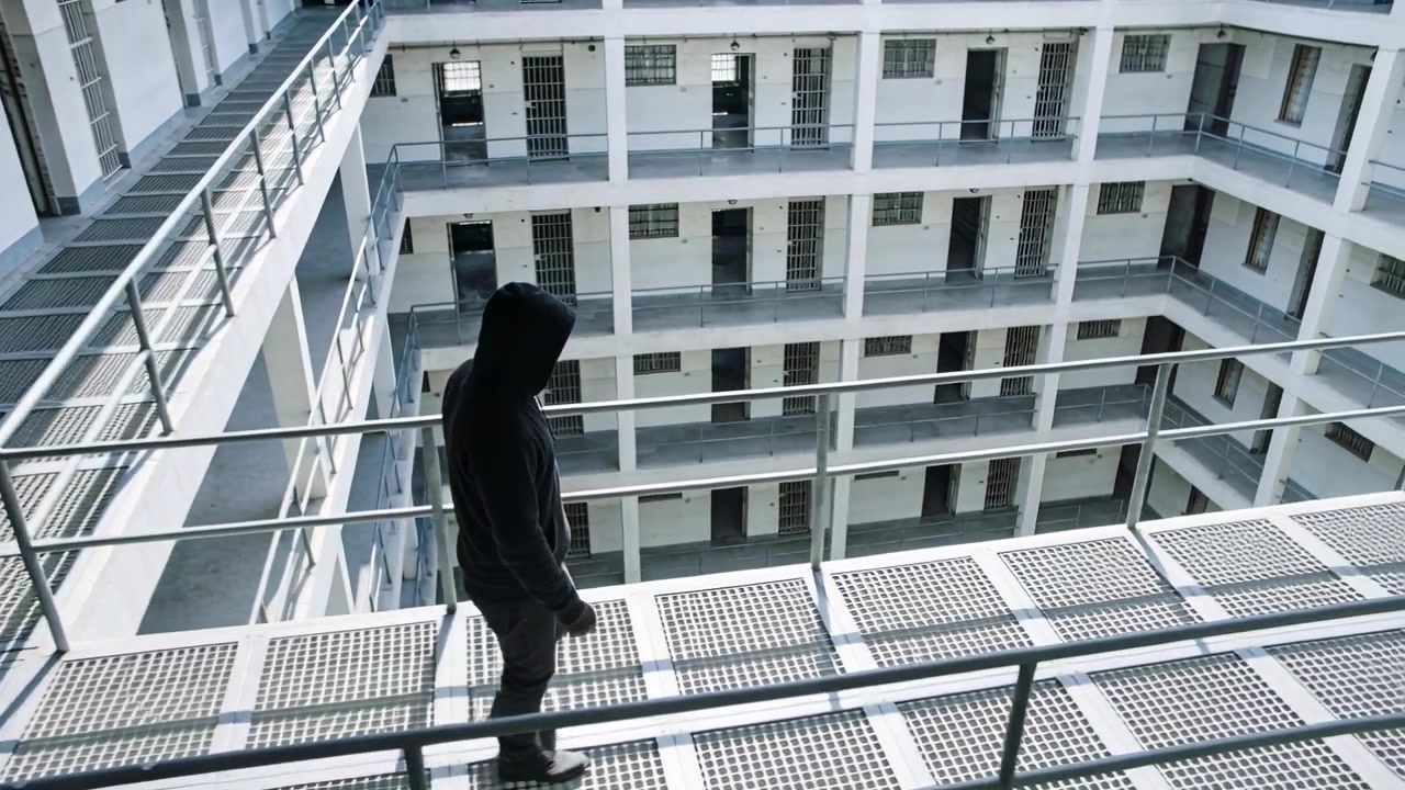 Uomo incappucciato che cammina da sinistra, a testa bassa e con un oggetto in mano, sulla passerella di un braccio di celle, con spazio per il testo.