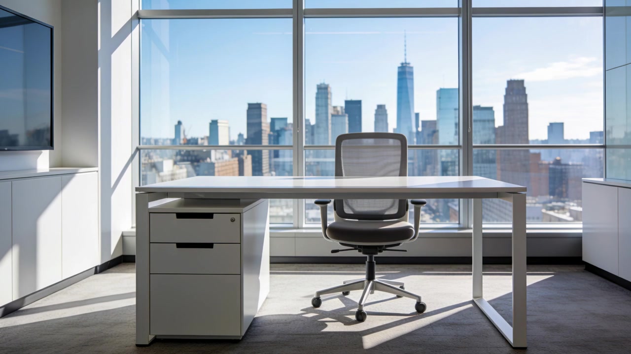 Shifting sunlight causing desk and chair to cast moving shadows at office window, with skyline