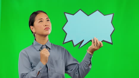 Asian-woman,-thinking-and-speech-bubble-on-green