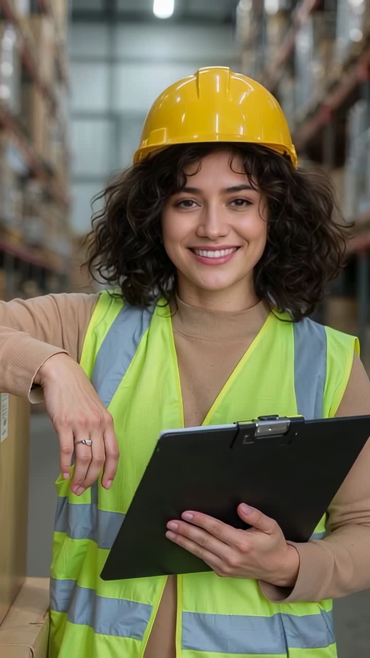 Vertical video: Leaning on boxes worker in hard hat reading clipboard, checking stock in aisle